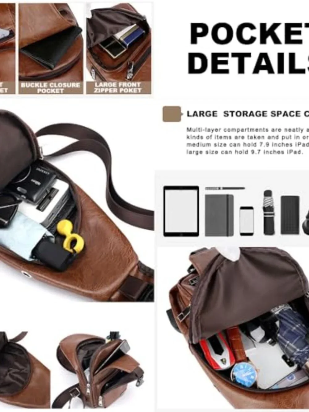 PU Leather Sling Bag Crossbody Backpack with USB Charging Port